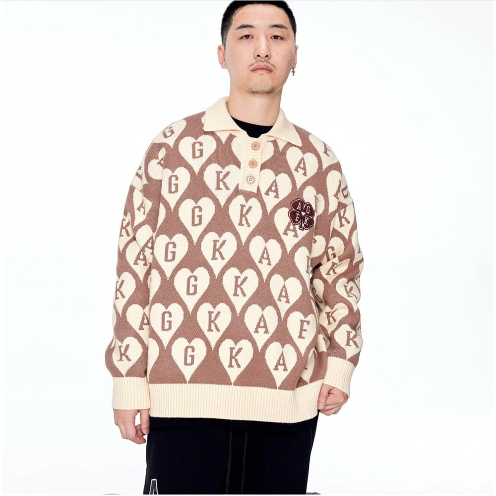 AFGK A Few Good Kids) "Love logo" or All-Over Print Logo knit polo sweater Large